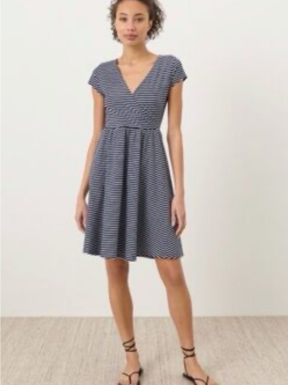 Pact Women's Navy and White Striped V-Neck Midi Dress Medium